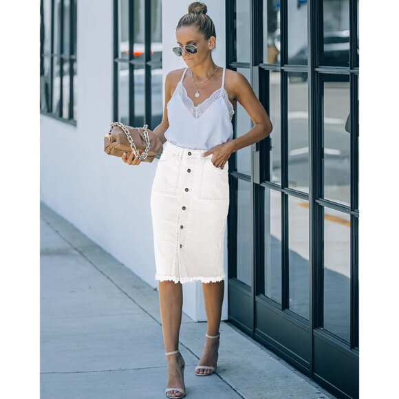 Women's Casual Mid Rise Button Down Frayed Raw Hem Denim Jean Midi Skirt - Picture 3 of 9